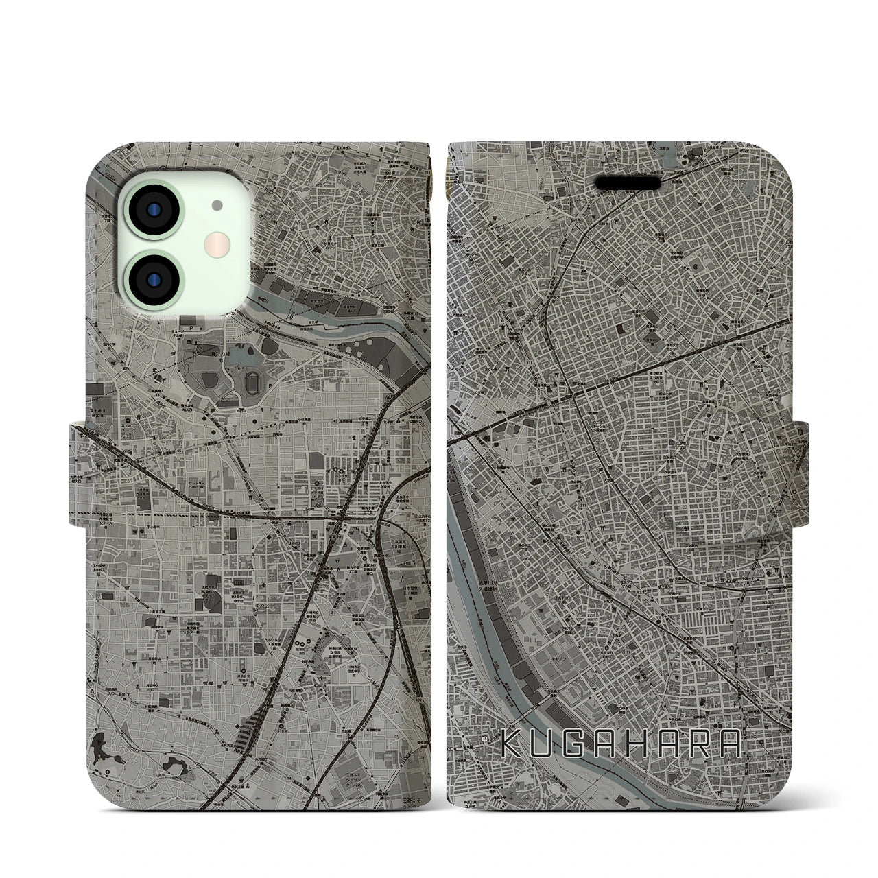 【久が原(東京都)】地図柄iPhoneケース(手帳タイプ)モノトーン・iPhone 12 mini 用