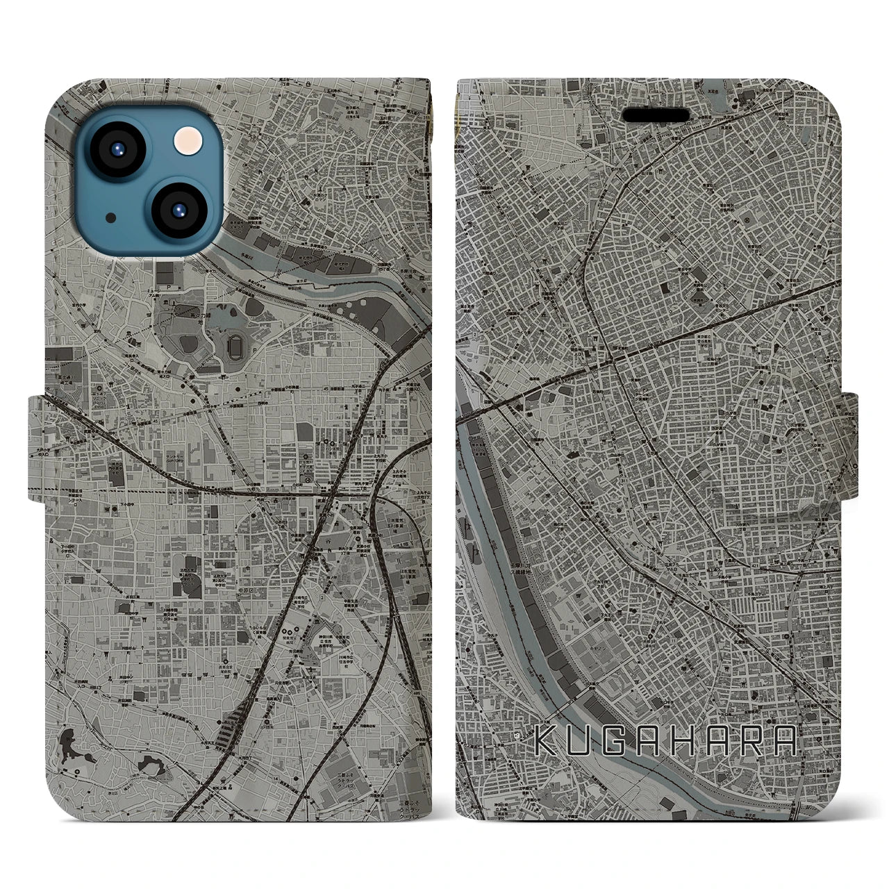 【久が原(東京都)】地図柄iPhoneケース(手帳タイプ)モノトーン・iPhone 13 用