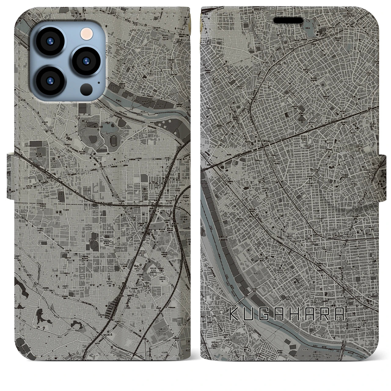【久が原(東京都)】地図柄iPhoneケース(手帳タイプ)モノトーン・iPhone 13 Pro Max 用