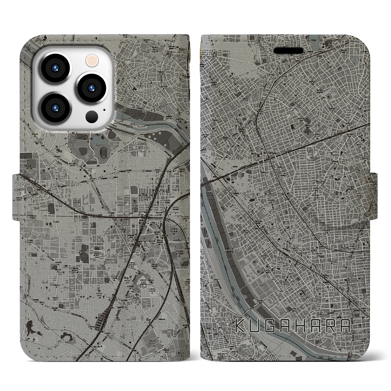 【久が原(東京都)】地図柄iPhoneケース(手帳タイプ)モノトーン・iPhone 13 Pro 用
