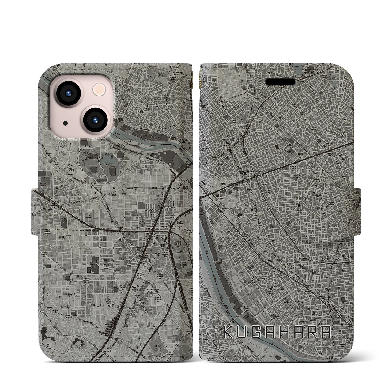 【久が原(東京都)】地図柄iPhoneケース(手帳タイプ)モノトーン・iPhone 13 mini 用