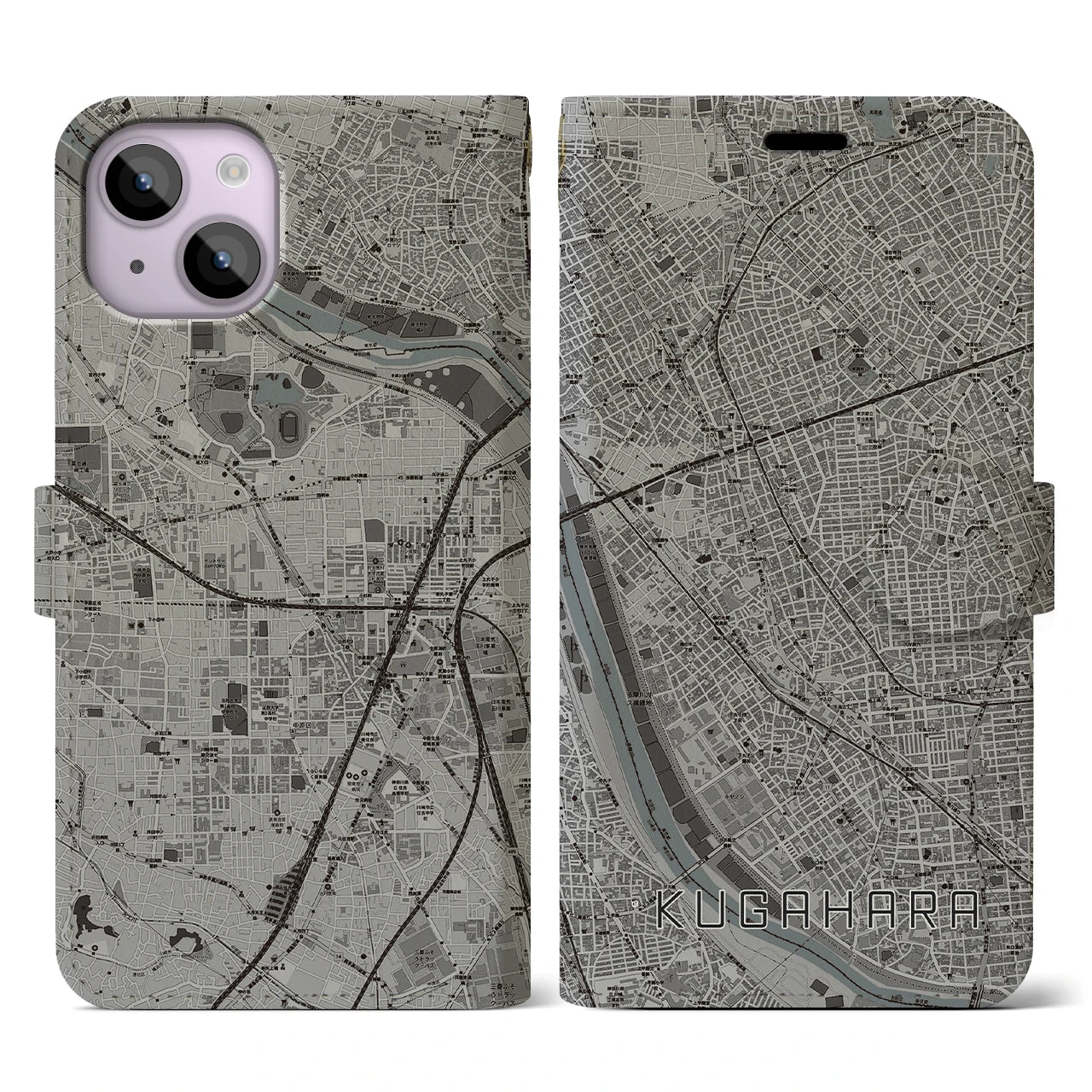 【久が原(東京都)】地図柄iPhoneケース(手帳タイプ)モノトーン・iPhone 14 用