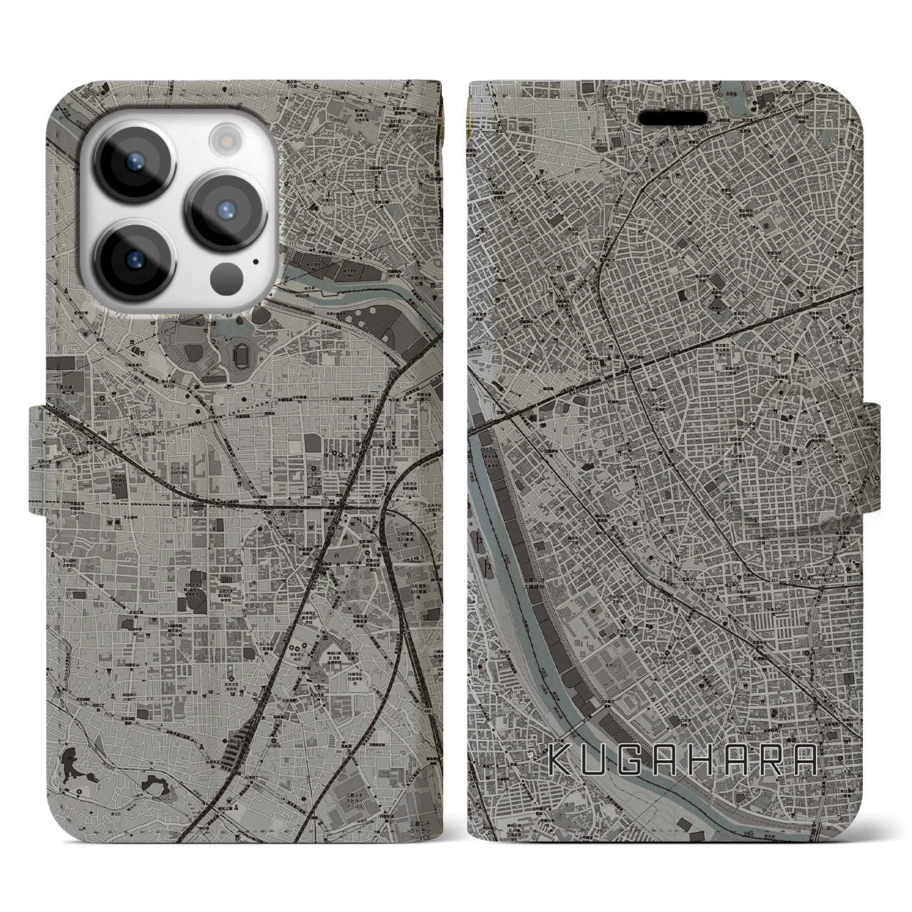 【久が原(東京都)】地図柄iPhoneケース(手帳タイプ)モノトーン・iPhone 14 Pro 用
