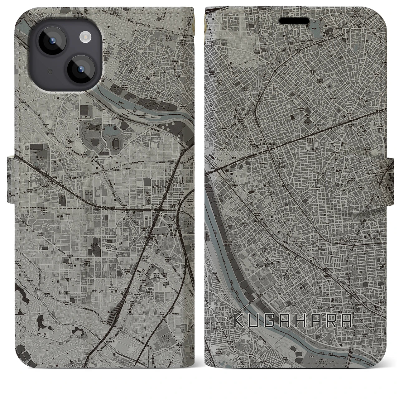 【久が原(東京都)】地図柄iPhoneケース(手帳タイプ)モノトーン・iPhone 14 Plus 用