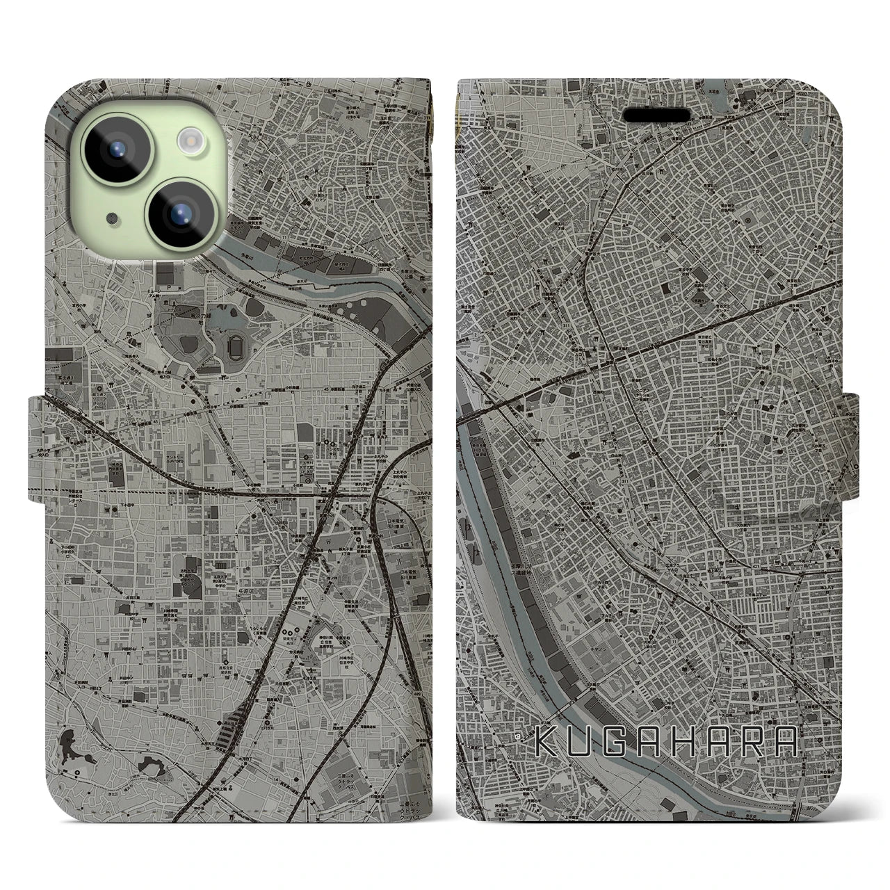 【久が原(東京都)】地図柄iPhoneケース(手帳タイプ)モノトーン・iPhone 15 用