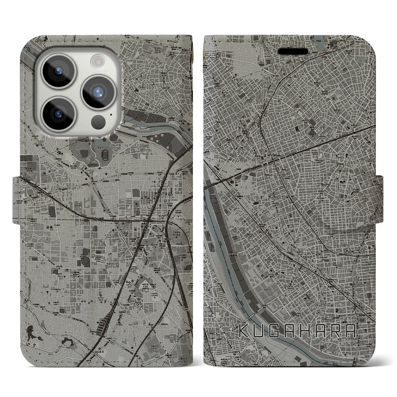 【久が原(東京都)】地図柄iPhoneケース(手帳タイプ)モノトーン・iPhone 15 Pro 用