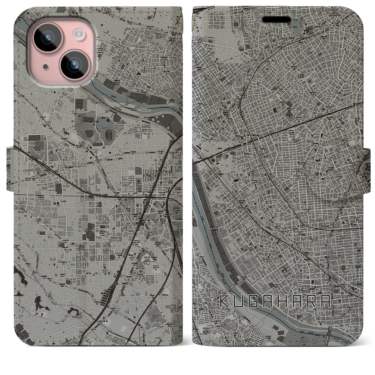 【久が原(東京都)】地図柄iPhoneケース(手帳タイプ)モノトーン・iPhone 15 Plus 用