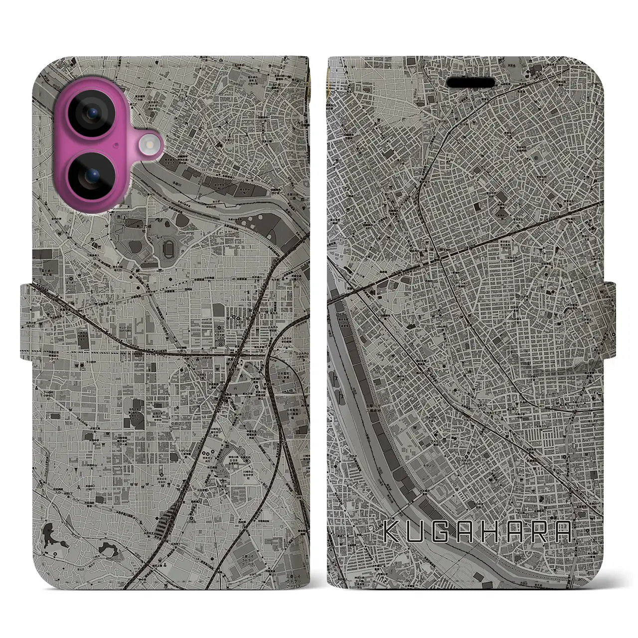 【久が原(東京都)】地図柄iPhoneケース(手帳タイプ)モノトーン・iPhone 16 Pro 用