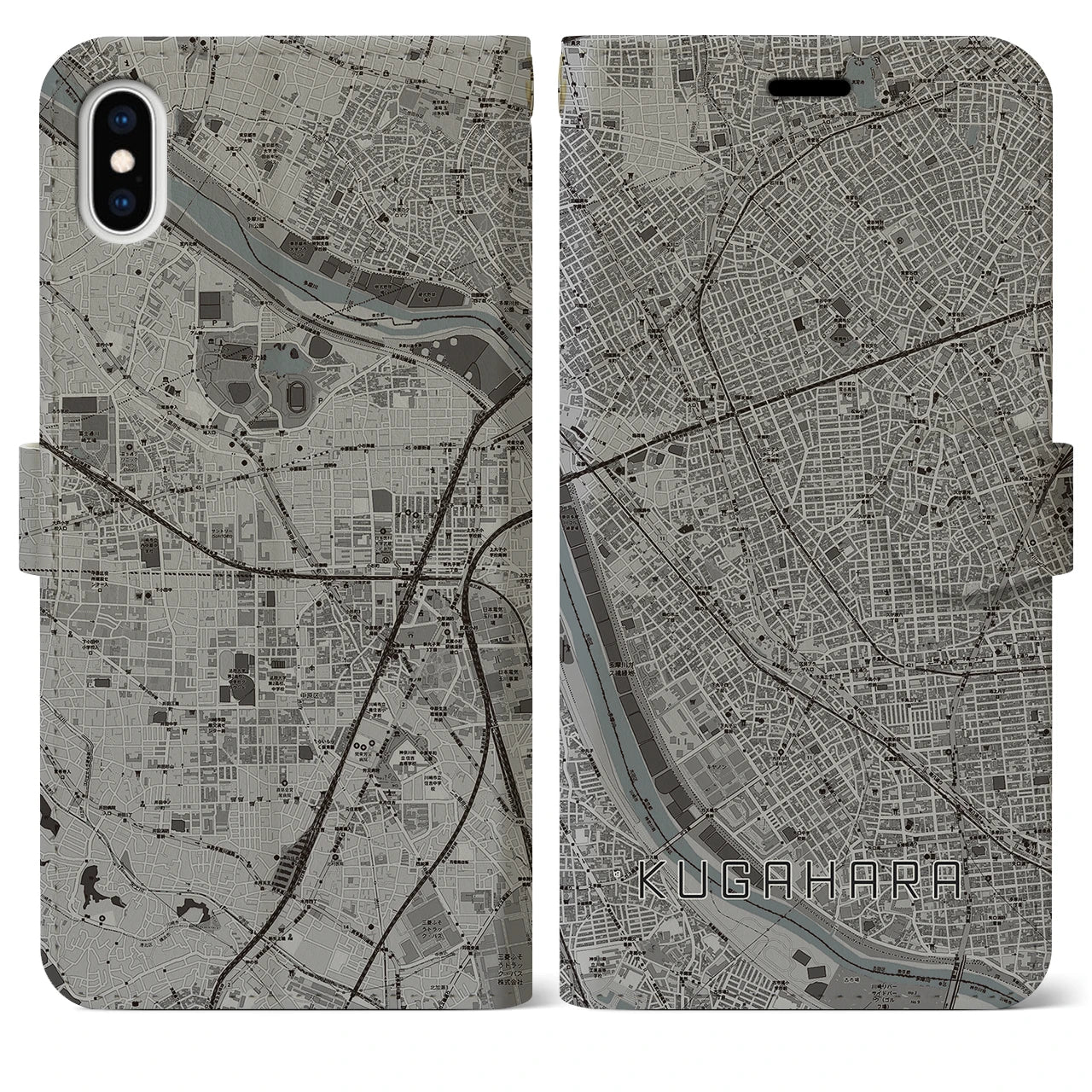 【久が原(東京都)】地図柄iPhoneケース(手帳タイプ)モノトーン・iPhone XS Max 用