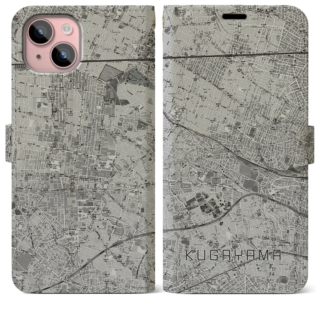 【久我山(東京都)】地図柄iPhoneケース(手帳タイプ)モノトーン・iPhone 15 Plus 用