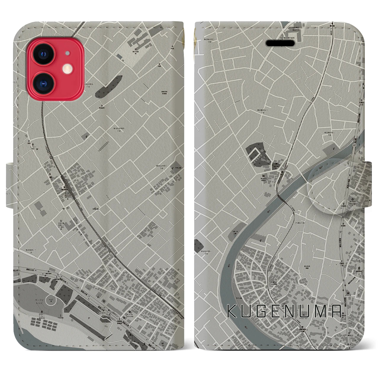 【鵠沼(神奈川県)】地図柄iPhoneケース(手帳タイプ)モノトーン・iPhone 11 用