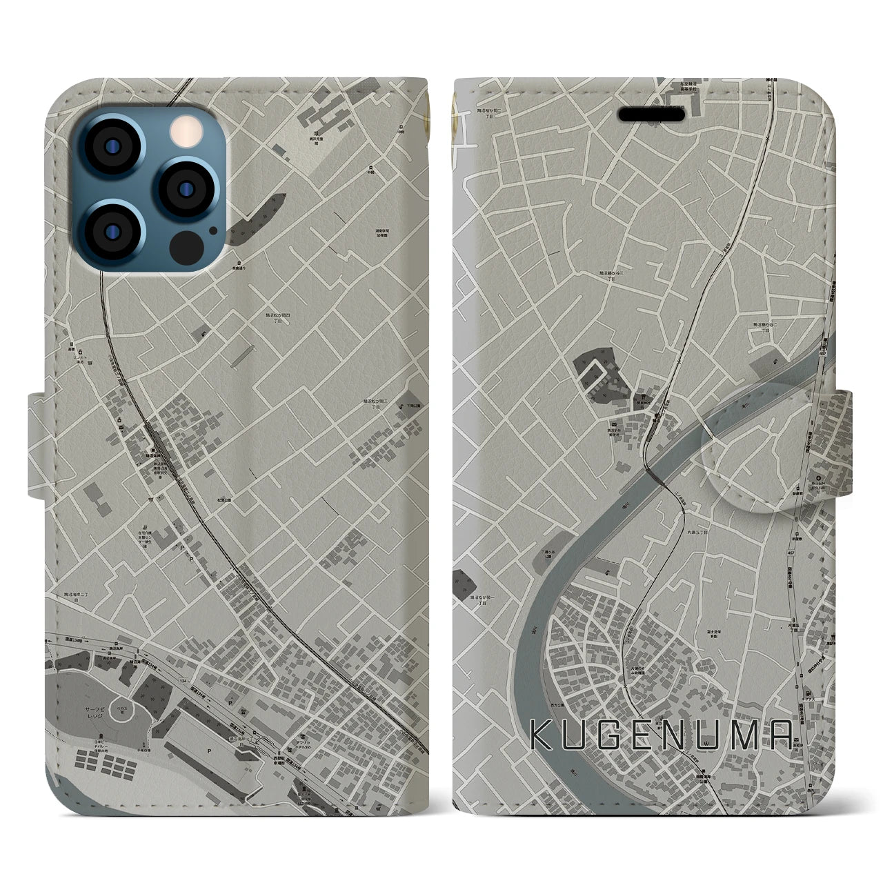 【鵠沼(神奈川県)】地図柄iPhoneケース(手帳タイプ)モノトーン・iPhone 12 / 12 Pro 用