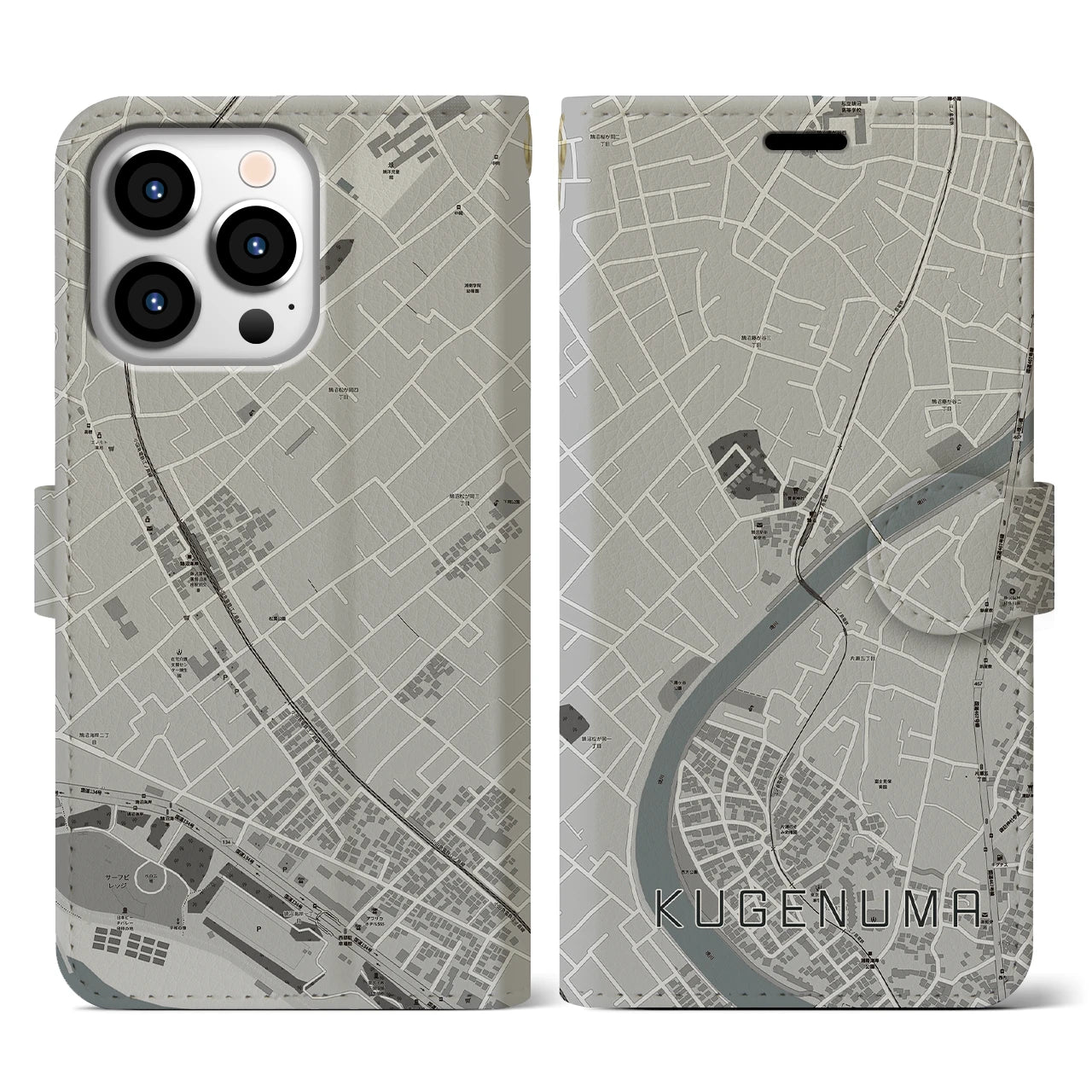 【鵠沼(神奈川県)】地図柄iPhoneケース(手帳タイプ)モノトーン・iPhone 13 Pro 用