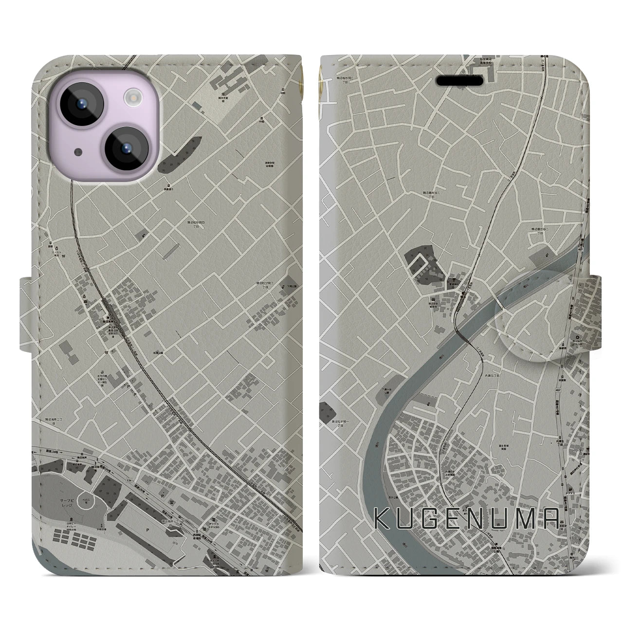 【鵠沼(神奈川県)】地図柄iPhoneケース(手帳タイプ)モノトーン・iPhone 14 用
