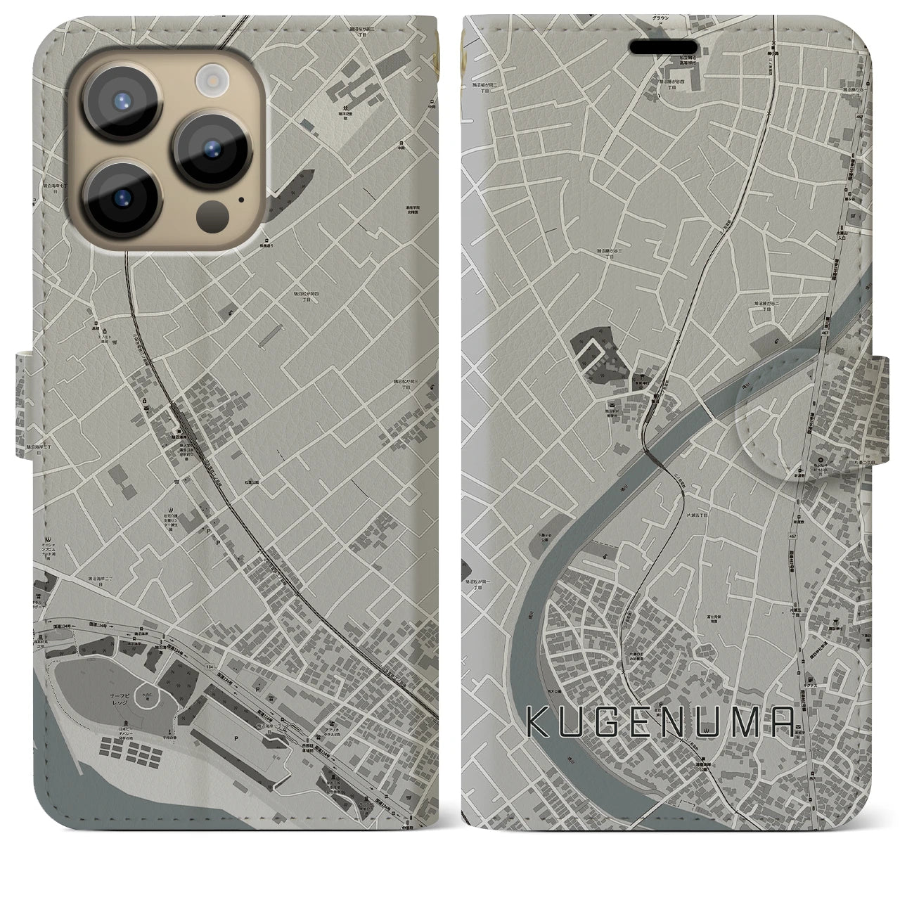 【鵠沼(神奈川県)】地図柄iPhoneケース(手帳タイプ)モノトーン・iPhone 14 Pro Max 用