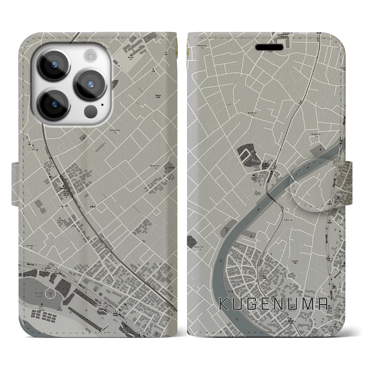 【鵠沼(神奈川県)】地図柄iPhoneケース(手帳タイプ)モノトーン・iPhone 14 Pro 用
