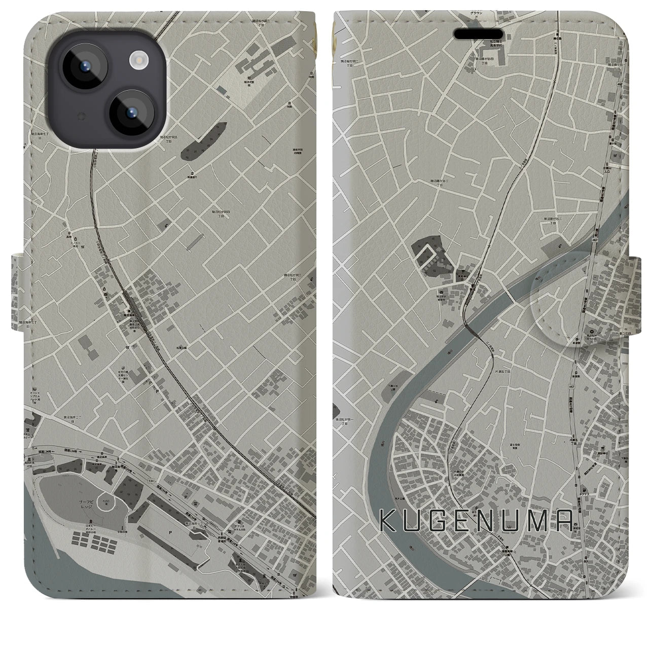 【鵠沼(神奈川県)】地図柄iPhoneケース(手帳タイプ)モノトーン・iPhone 14 Plus 用