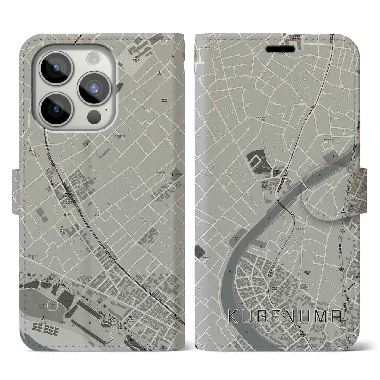 【鵠沼(神奈川県)】地図柄iPhoneケース(手帳タイプ)モノトーン・iPhone 15 Pro 用