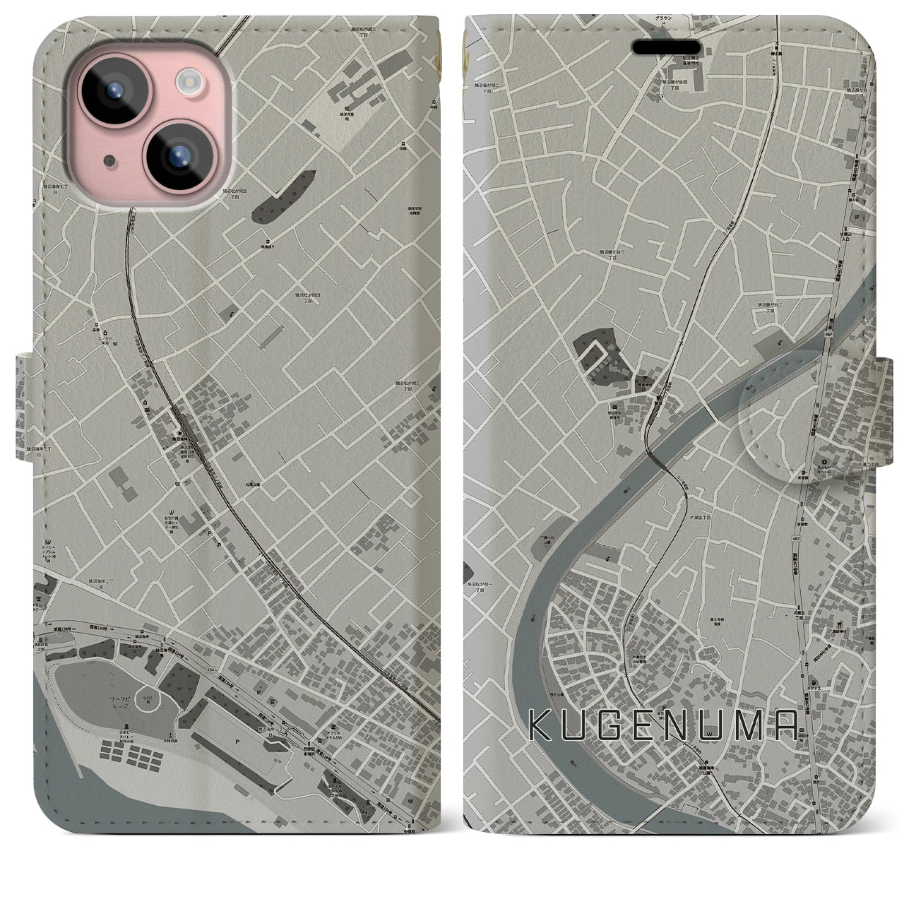 【鵠沼(神奈川県)】地図柄iPhoneケース(手帳タイプ)モノトーン・iPhone 15 Plus 用