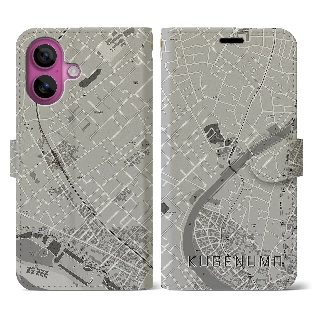 【鵠沼(神奈川県)】地図柄iPhoneケース(手帳タイプ)モノトーン・iPhone 16 Pro 用