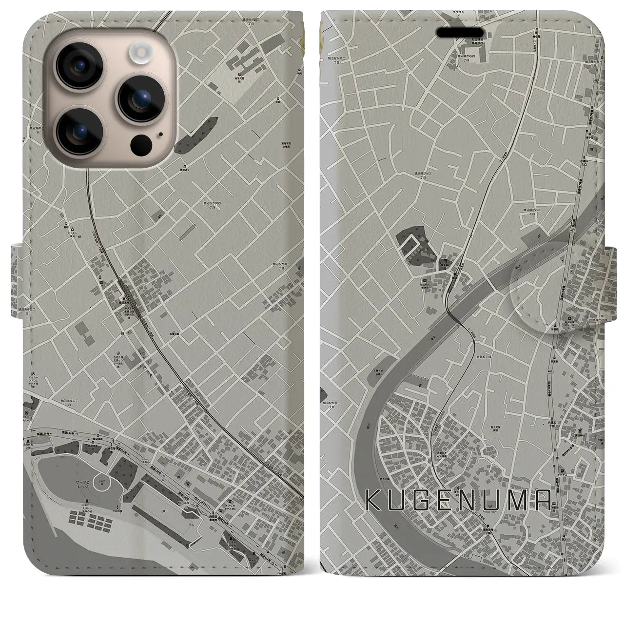 【鵠沼(神奈川県)】地図柄iPhoneケース(手帳タイプ)モノトーン・iPhone 16 Plus 用