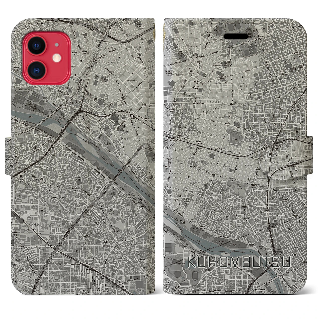 【九品仏(東京都)】地図柄iPhoneケース(手帳タイプ)モノトーン・iPhone 11 用