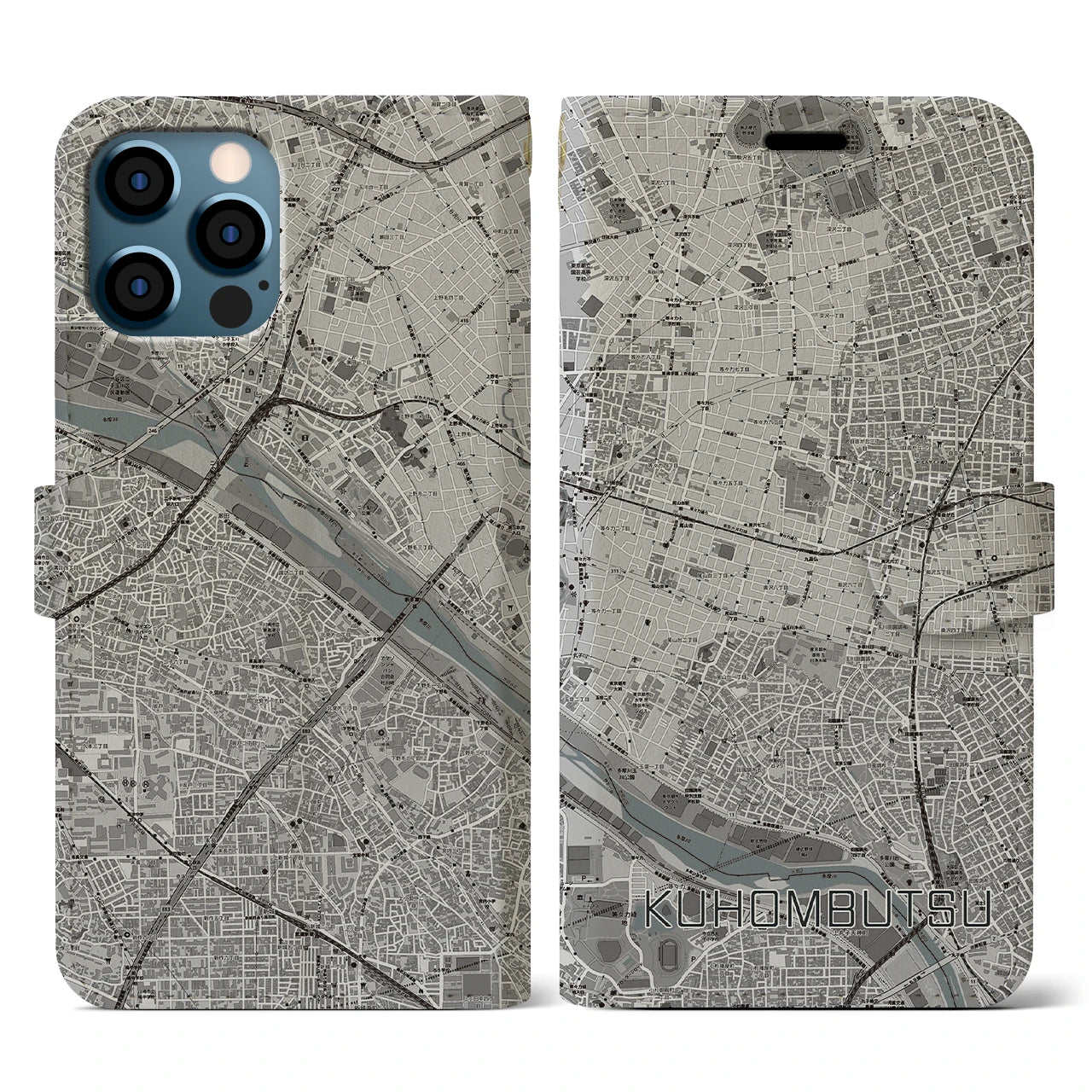 【九品仏(東京都)】地図柄iPhoneケース(手帳タイプ)モノトーン・iPhone 12 / 12 Pro 用