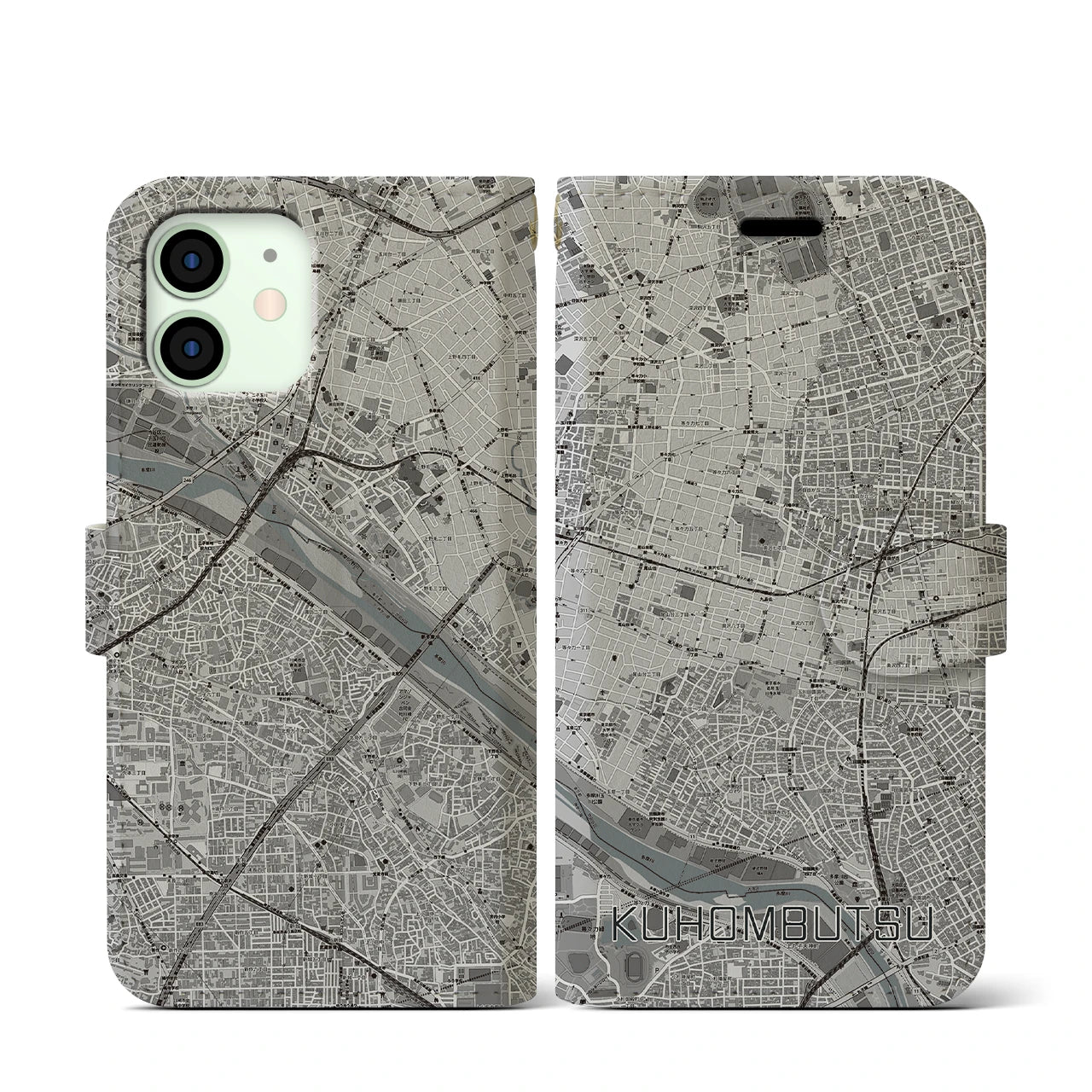 【九品仏(東京都)】地図柄iPhoneケース(手帳タイプ)モノトーン・iPhone 12 mini 用