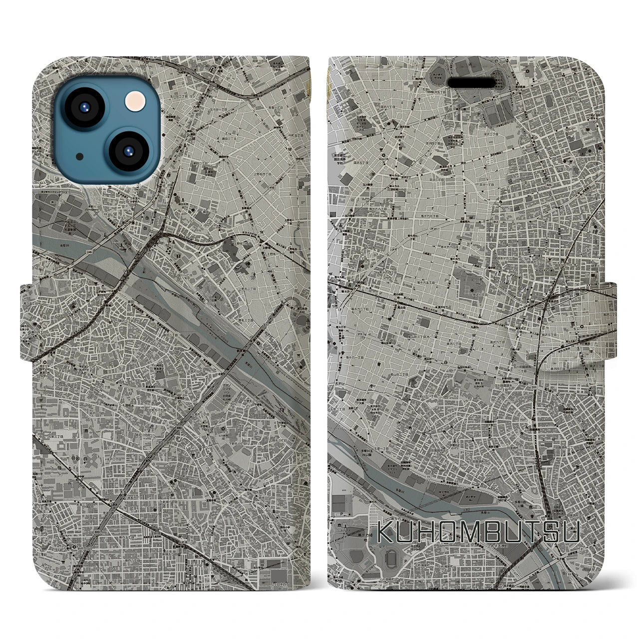 【九品仏(東京都)】地図柄iPhoneケース(手帳タイプ)モノトーン・iPhone 13 用
