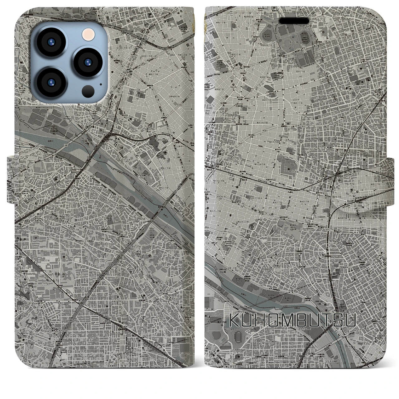 【九品仏(東京都)】地図柄iPhoneケース(手帳タイプ)モノトーン・iPhone 13 Pro Max 用