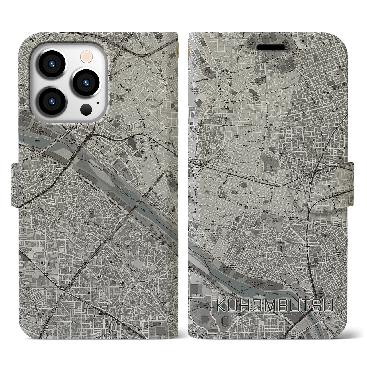 【九品仏(東京都)】地図柄iPhoneケース(手帳タイプ)モノトーン・iPhone 13 Pro 用