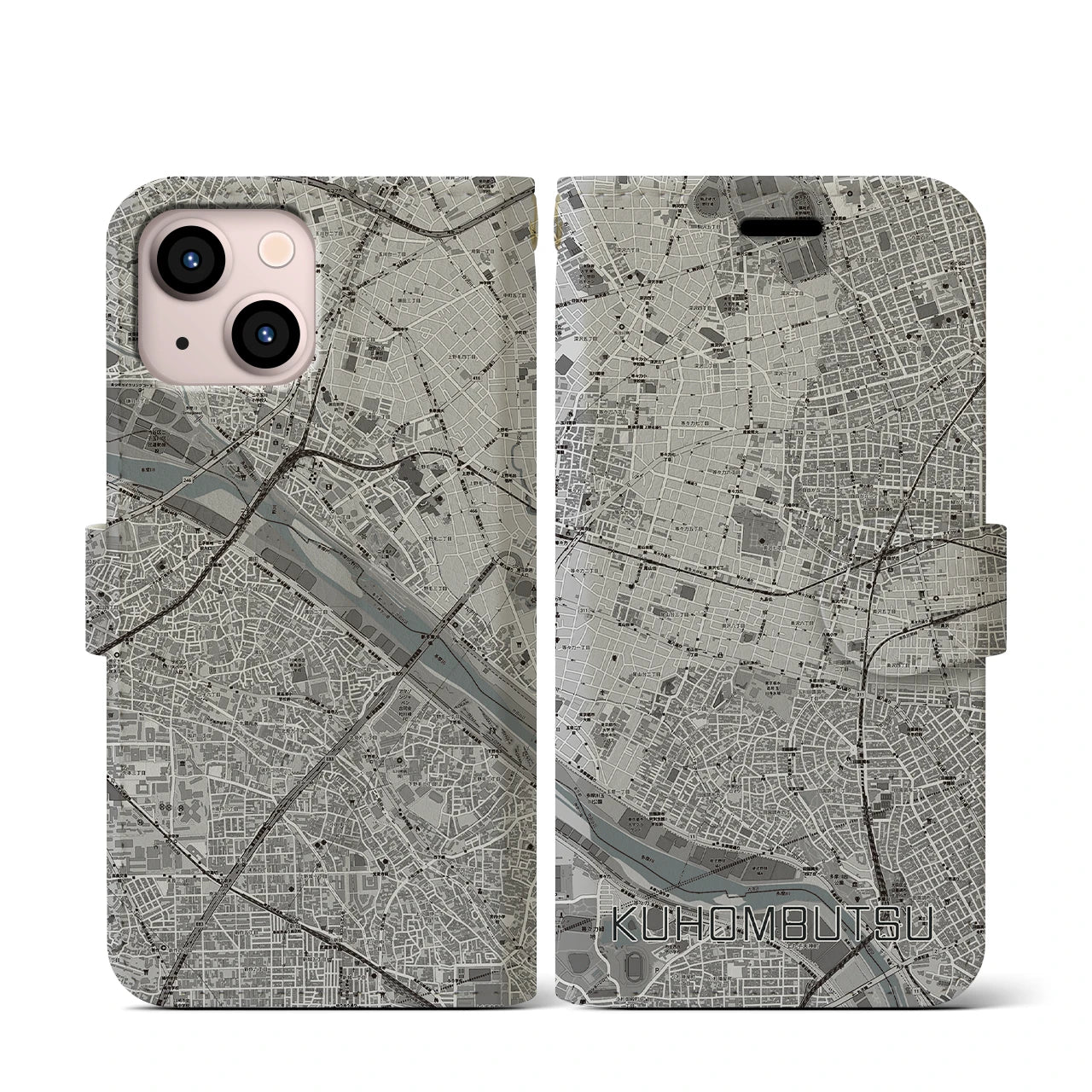 【九品仏(東京都)】地図柄iPhoneケース(手帳タイプ)モノトーン・iPhone 13 mini 用