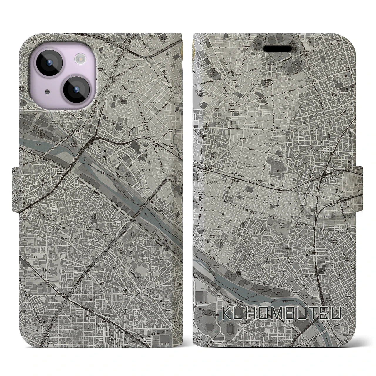 【九品仏(東京都)】地図柄iPhoneケース(手帳タイプ)モノトーン・iPhone 14 用