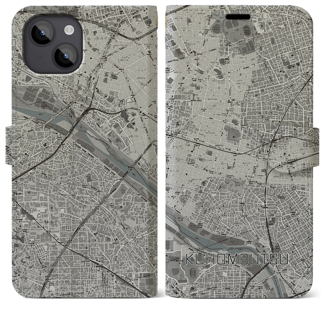 【九品仏(東京都)】地図柄iPhoneケース(手帳タイプ)モノトーン・iPhone 14 Plus 用