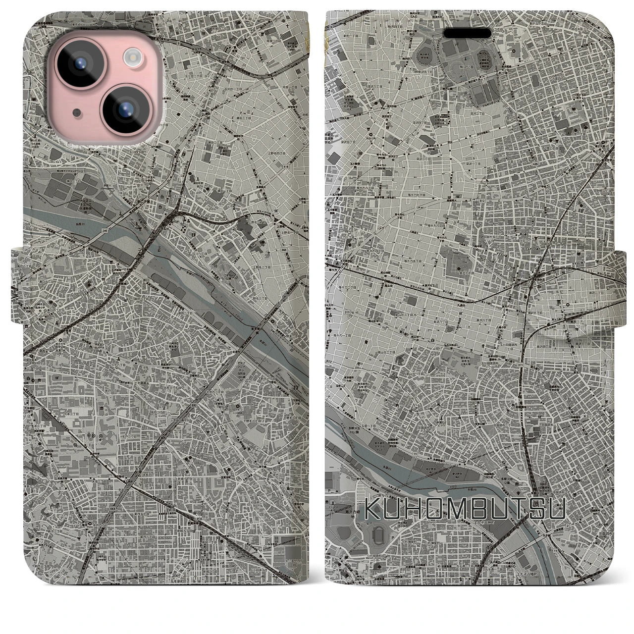 【九品仏(東京都)】地図柄iPhoneケース(手帳タイプ)モノトーン・iPhone 15 Plus 用