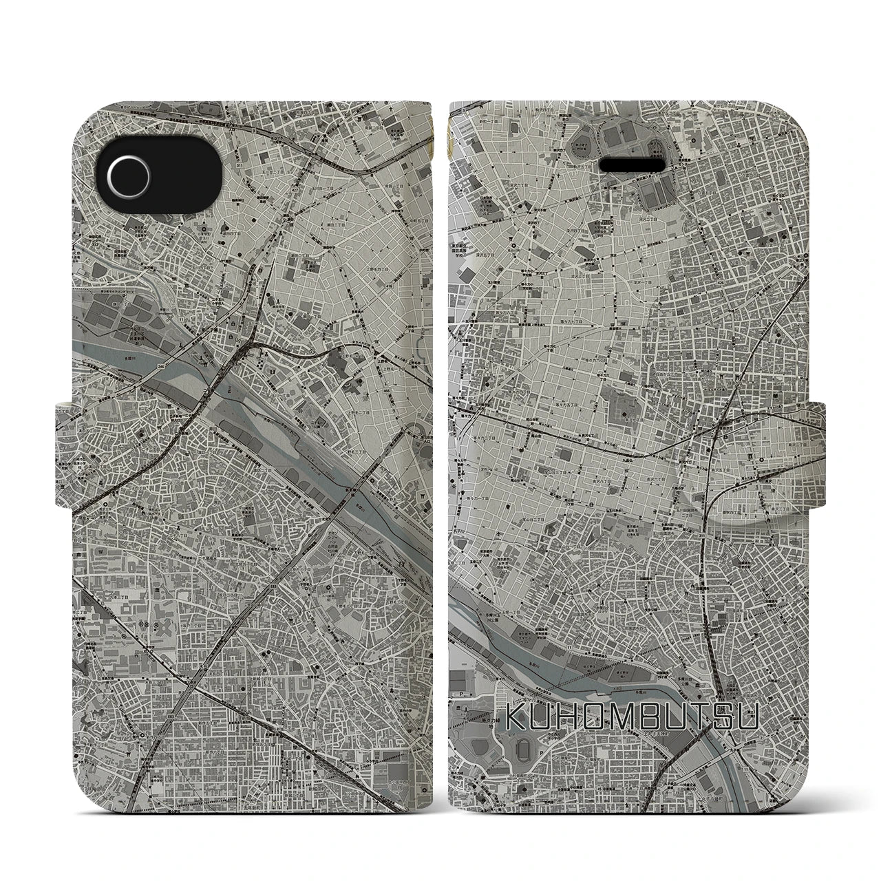 【九品仏(東京都)】地図柄iPhoneケース(手帳タイプ)モノトーン・iPhone SE(第3 / 第2世代) / 8 / 7 / 6s / 6 用