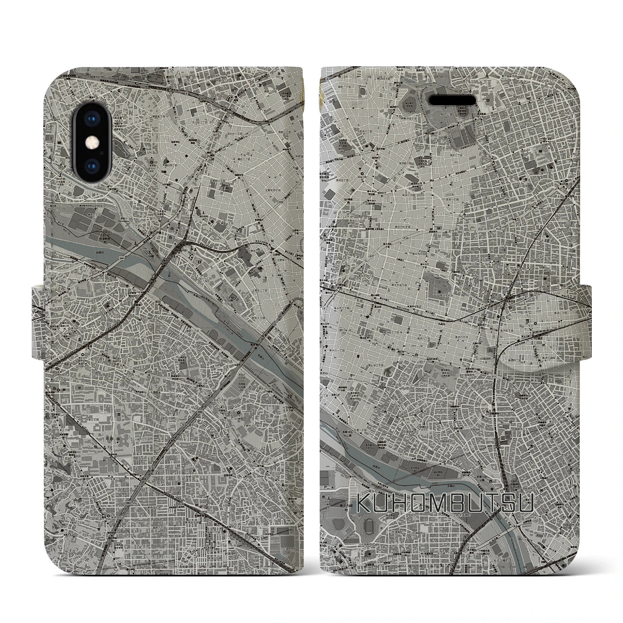 【九品仏(東京都)】地図柄iPhoneケース(手帳タイプ)モノトーン・iPhone XS / X 用
