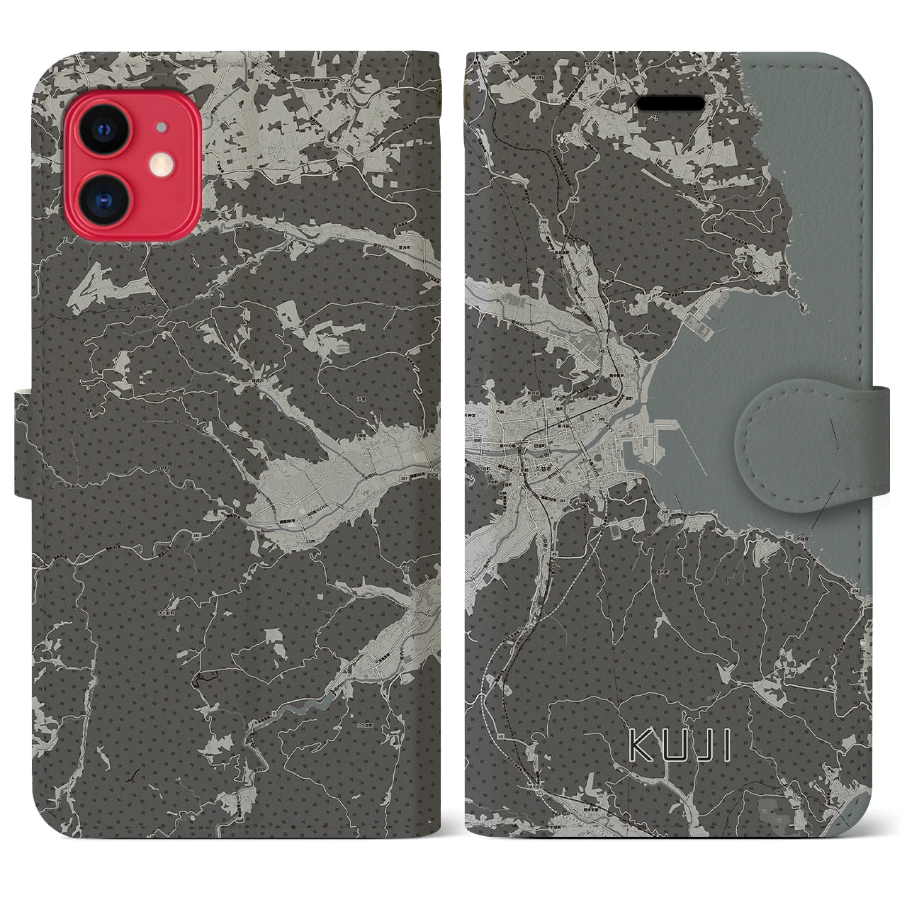 【久慈(岩手県)】地図柄iPhoneケース(手帳タイプ)モノトーン・iPhone 11 用