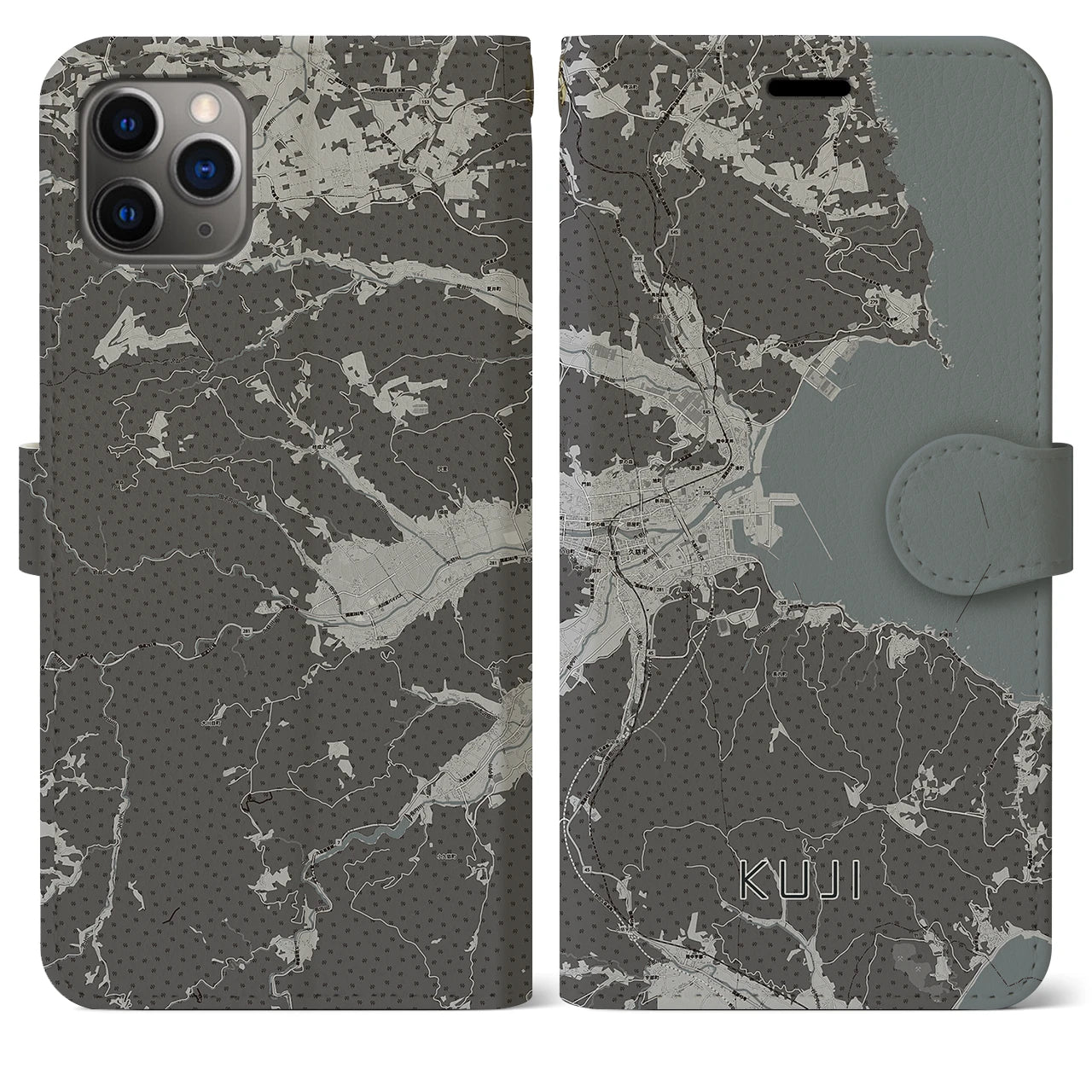 【久慈(岩手県)】地図柄iPhoneケース(手帳タイプ)モノトーン・iPhone 11 Pro Max 用