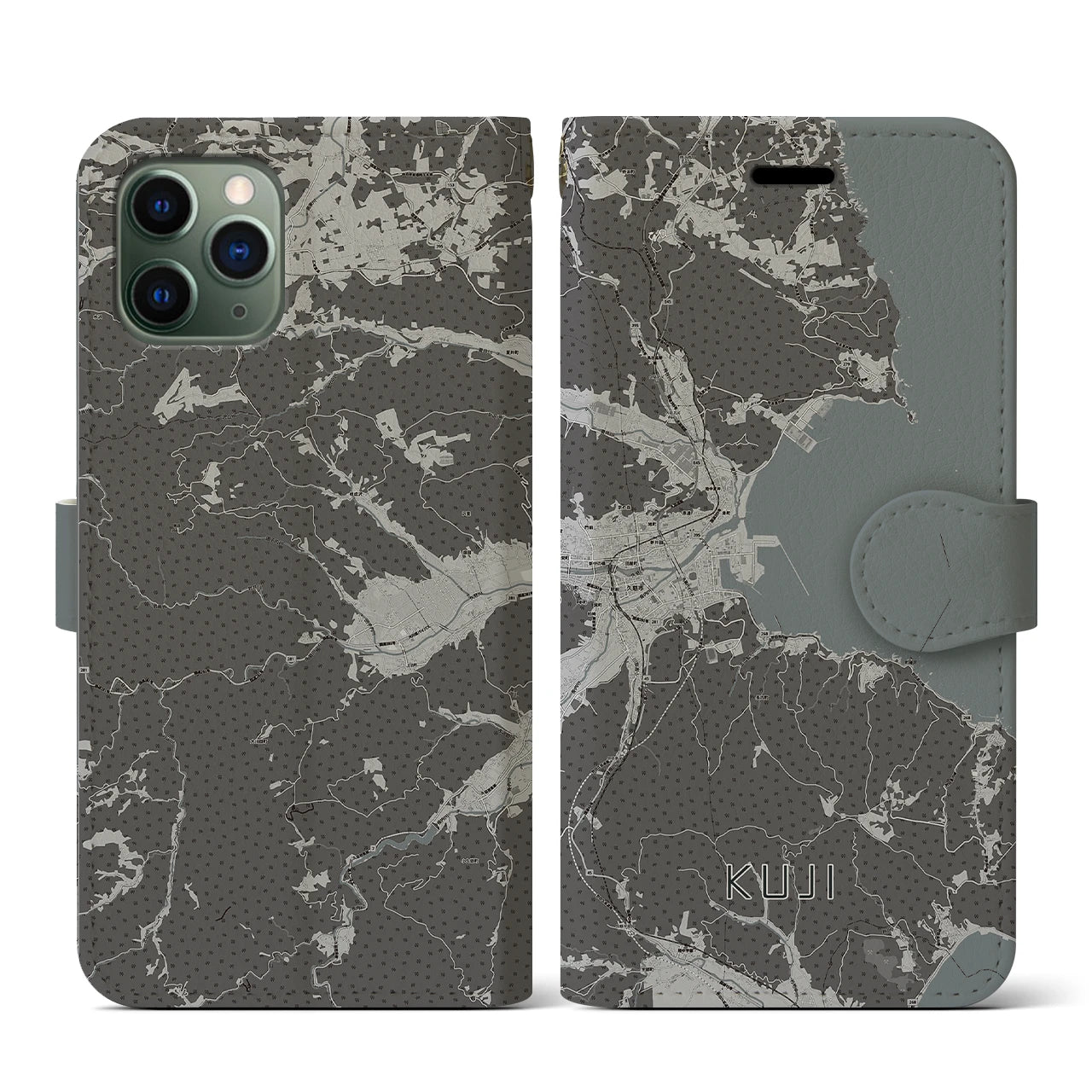 【久慈(岩手県)】地図柄iPhoneケース(手帳タイプ)モノトーン・iPhone 11 Pro 用