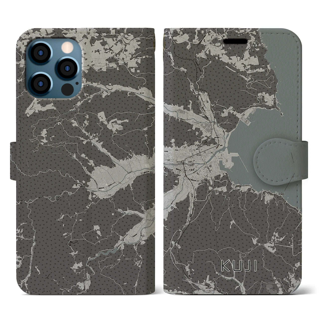 【久慈(岩手県)】地図柄iPhoneケース(手帳タイプ)モノトーン・iPhone 12 / 12 Pro 用