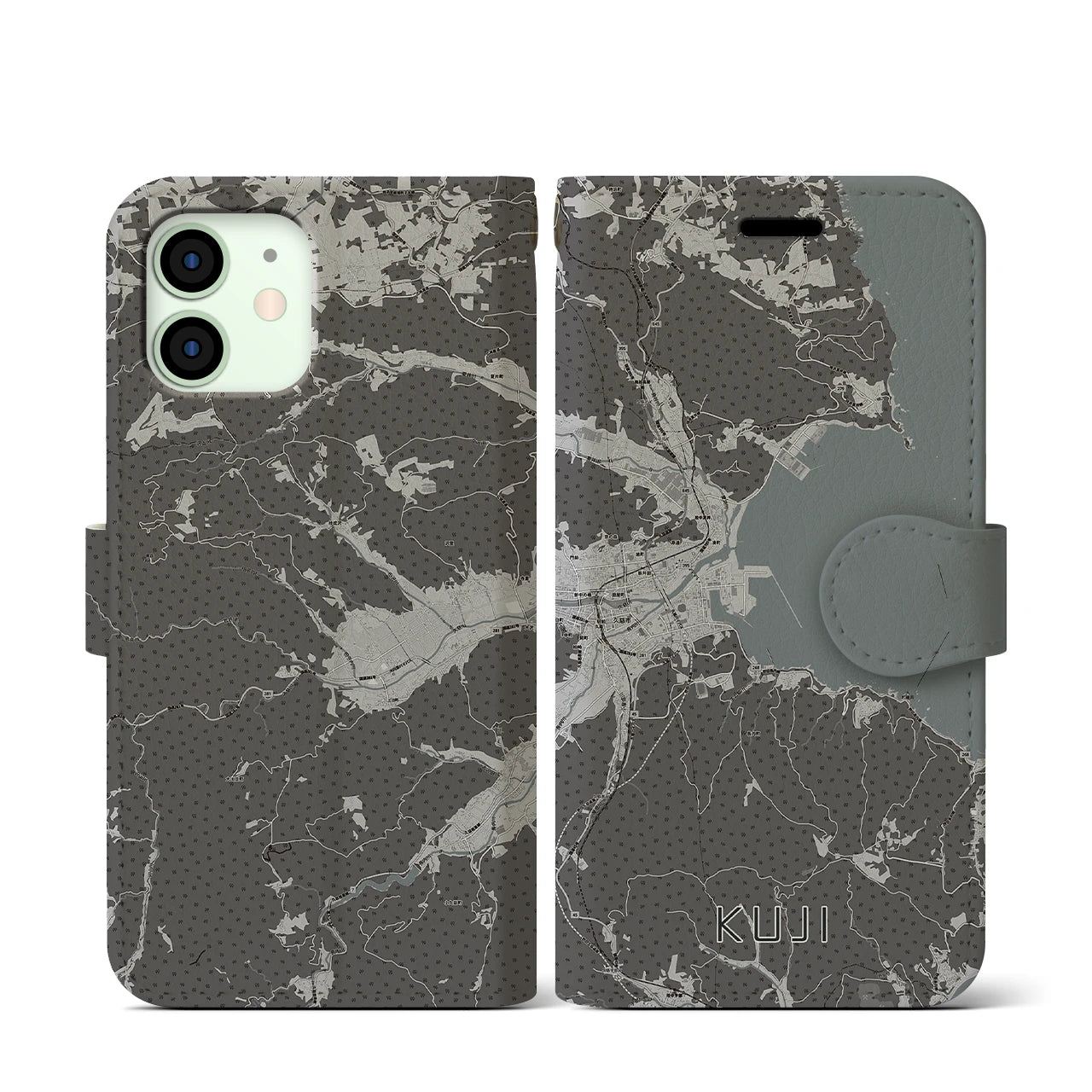 【久慈(岩手県)】地図柄iPhoneケース(手帳タイプ)モノトーン・iPhone 12 mini 用