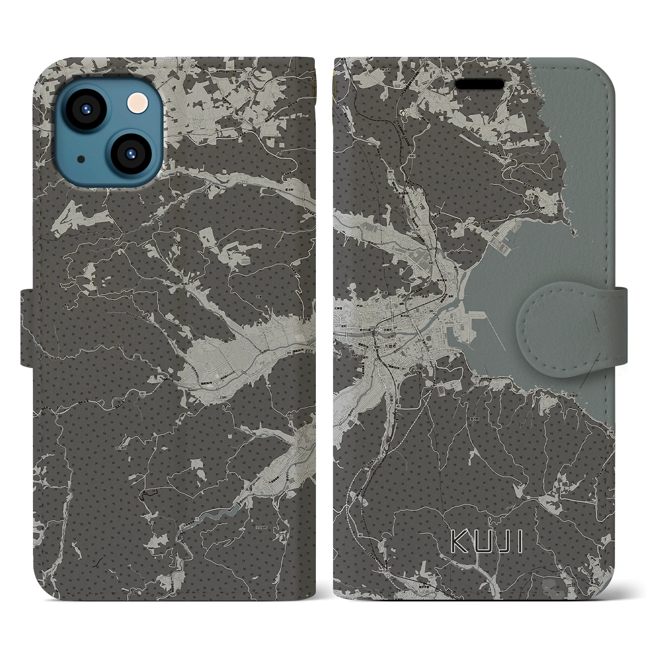 【久慈(岩手県)】地図柄iPhoneケース(手帳タイプ)モノトーン・iPhone 13 用
