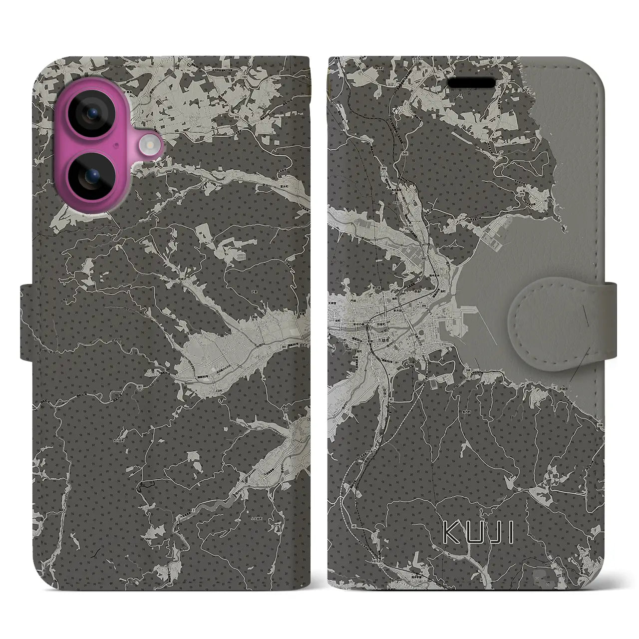 【久慈(岩手県)】地図柄iPhoneケース(手帳タイプ)モノトーン・iPhone 16 Pro 用