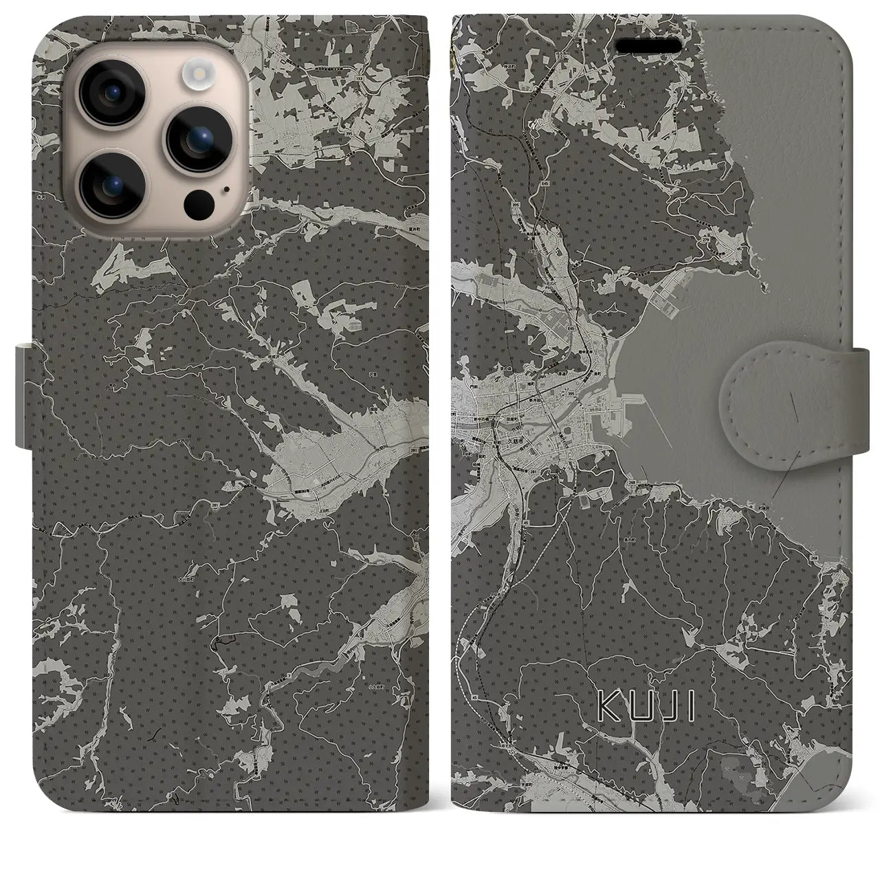 【久慈(岩手県)】地図柄iPhoneケース(手帳タイプ)モノトーン・iPhone 16 Plus 用