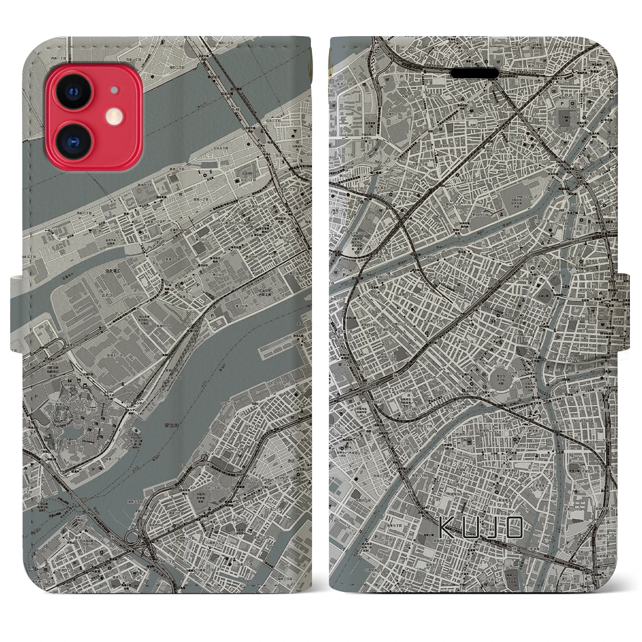 【九条(大阪府)】地図柄iPhoneケース(手帳タイプ)モノトーン・iPhone 11 用