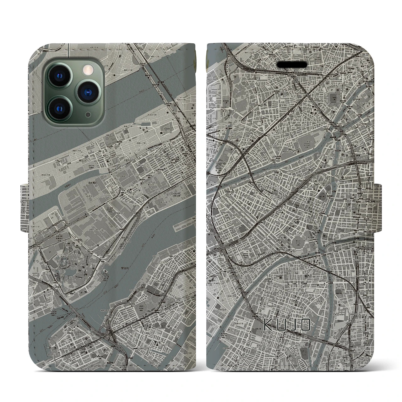 【九条(大阪府)】地図柄iPhoneケース(手帳タイプ)モノトーン・iPhone 11 Pro 用