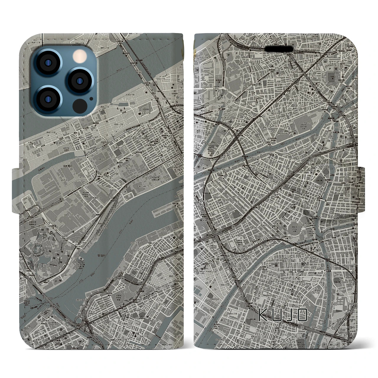 【九条(大阪府)】地図柄iPhoneケース(手帳タイプ)モノトーン・iPhone 12 / 12 Pro 用
