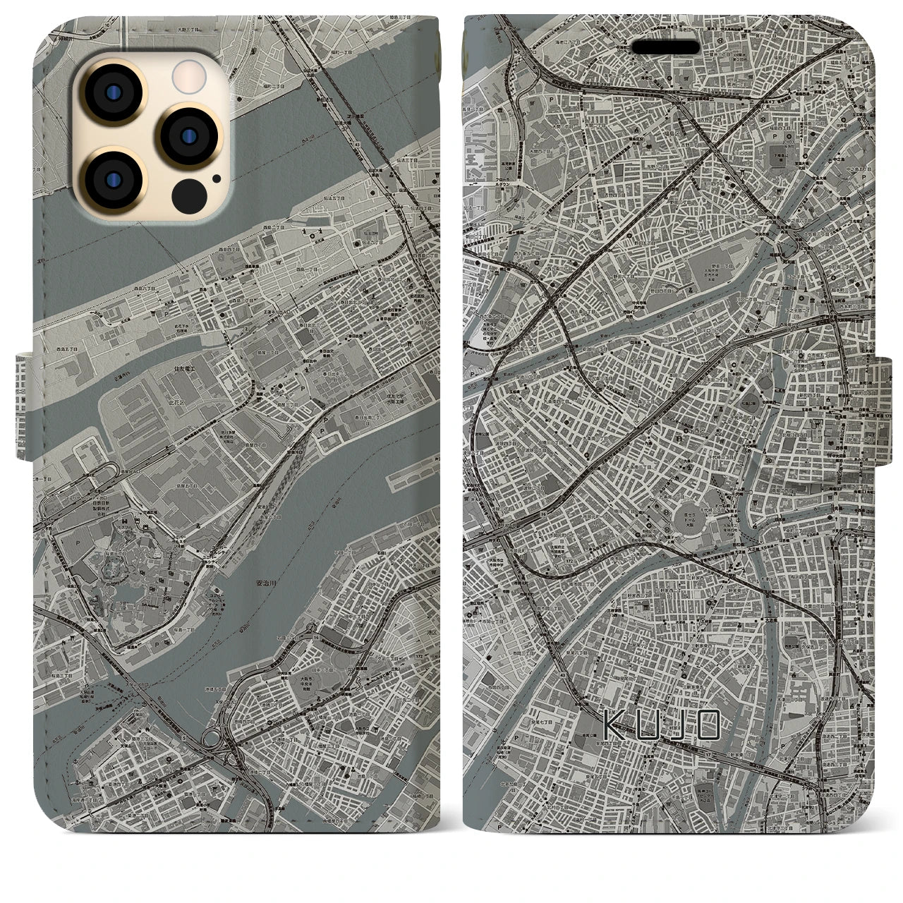 【九条(大阪府)】地図柄iPhoneケース(手帳タイプ)モノトーン・iPhone 12 Pro Max 用