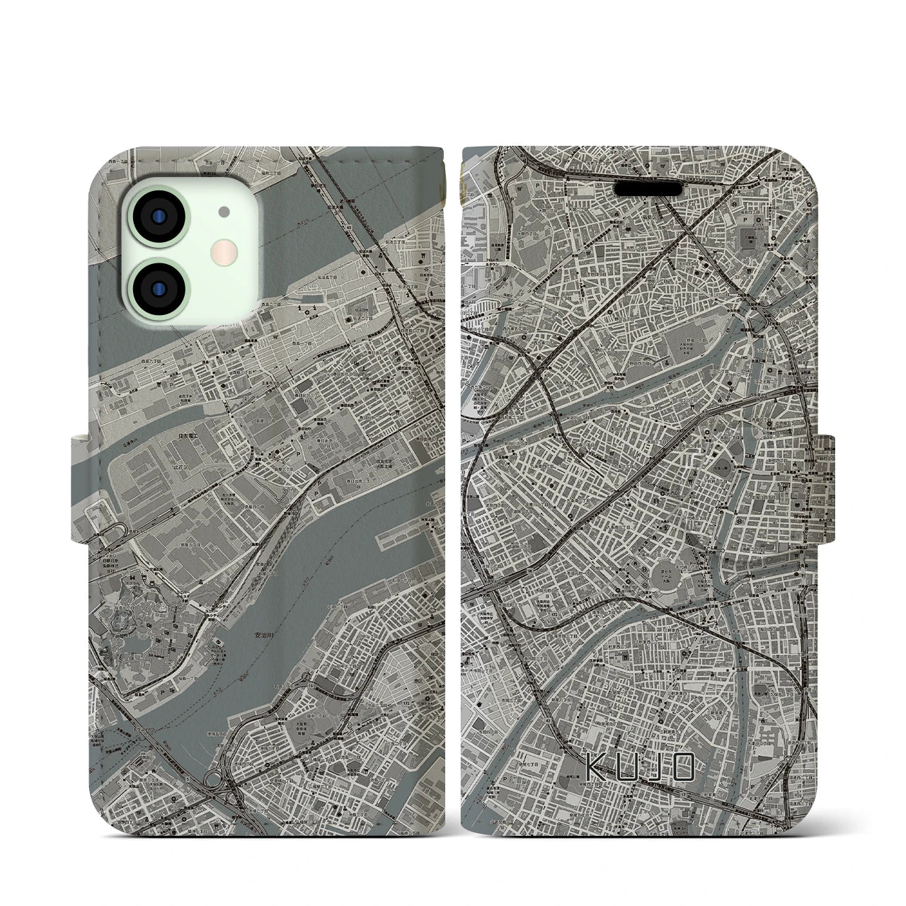 【九条(大阪府)】地図柄iPhoneケース(手帳タイプ)モノトーン・iPhone 12 mini 用